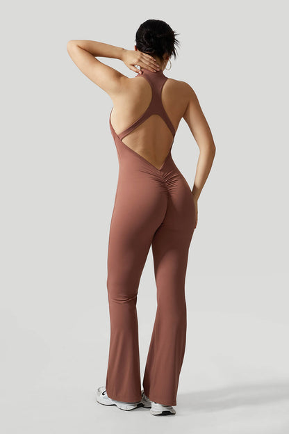 Halter Neck Backless V Back Flared Leg Jumpsuit