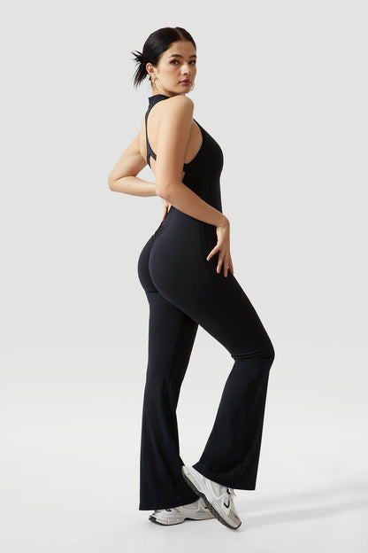 Halter Neck Backless V Back Flared Leg Jumpsuit