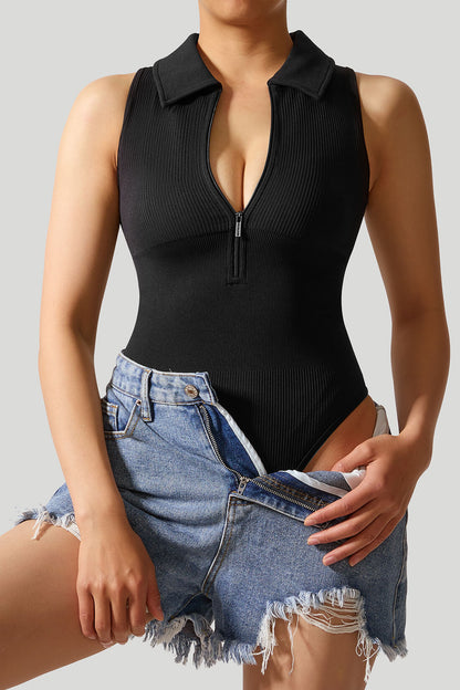 Ribbed Stretch Sleeveless Zip Front Bodysuit