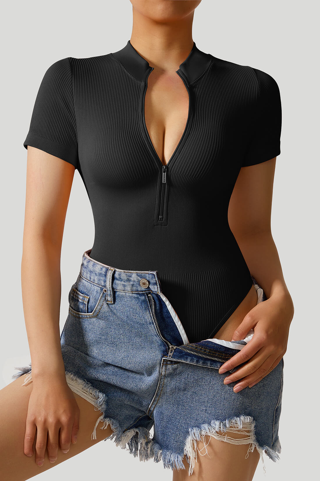 Ribbed Stretch Short Sleeves Zip Front Bodysuit