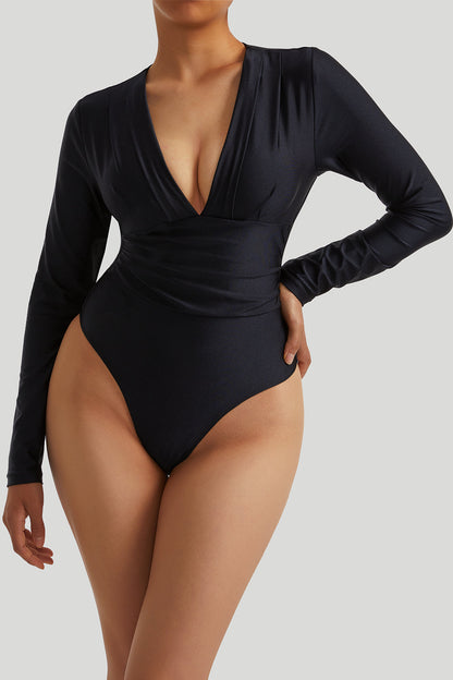 Tummy Control Shiny Fabrics Bodysuit With Built-in Shapewear