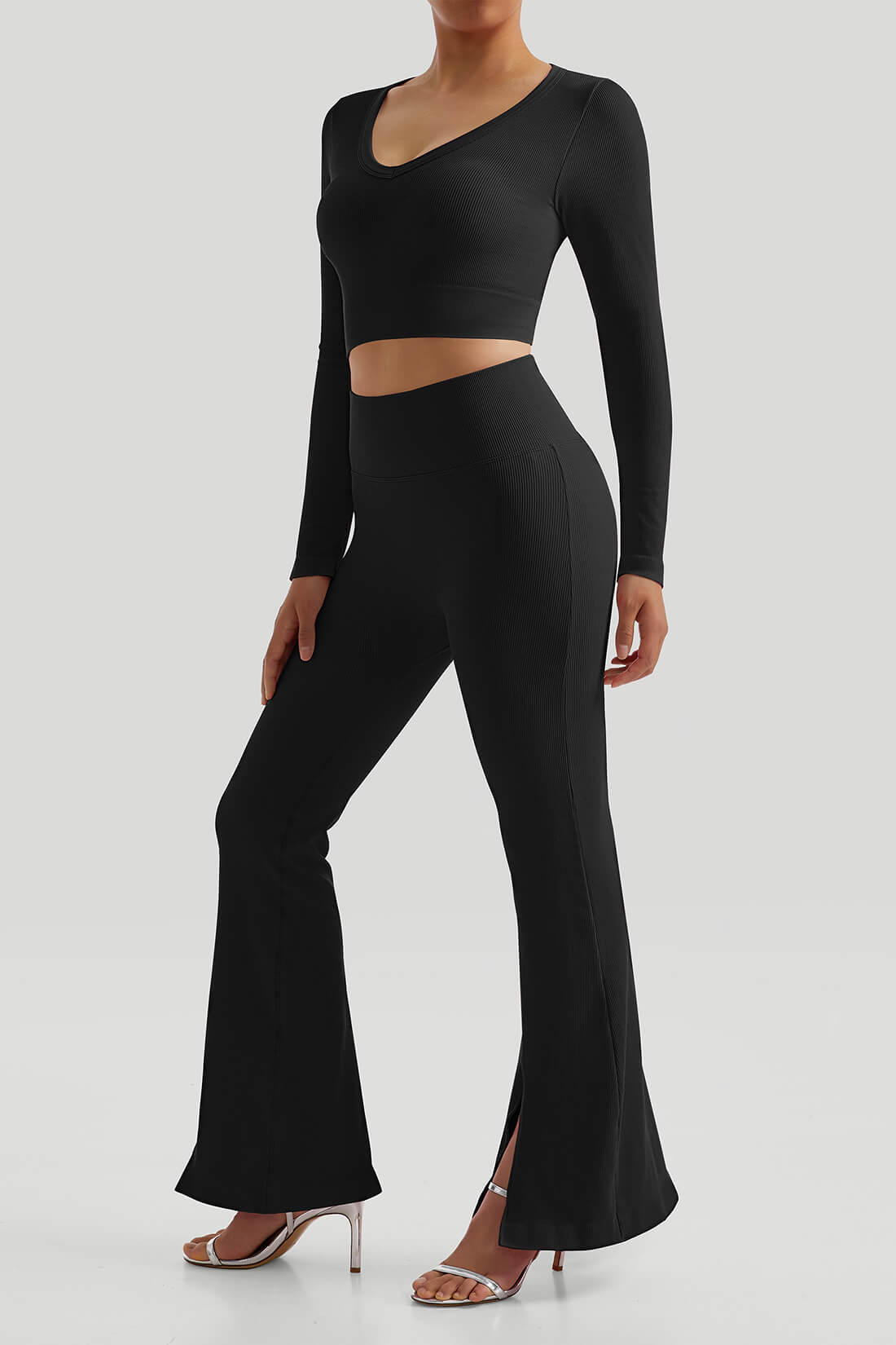 Threaded Long Sleeve Split Flare Pants Set