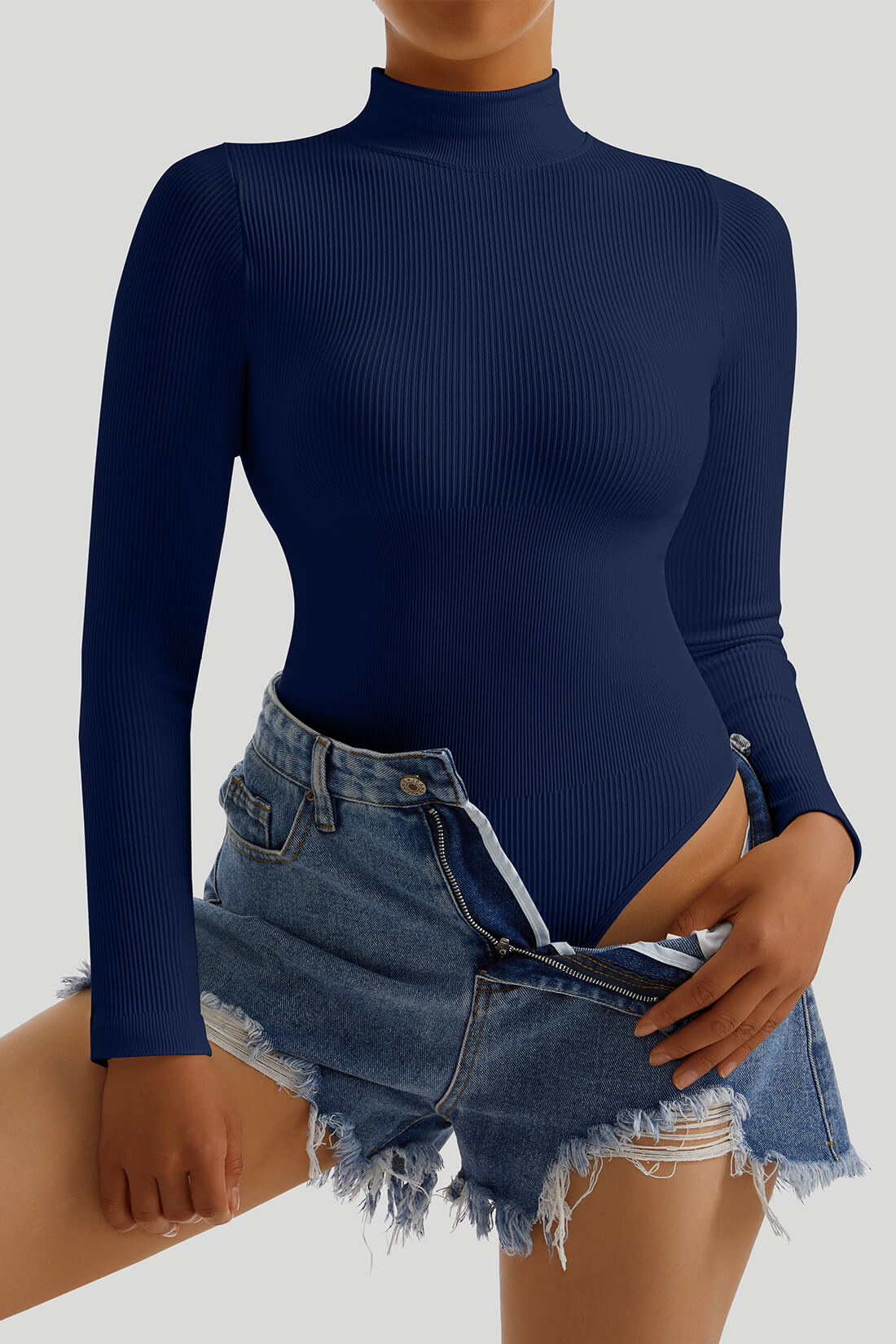 Threaded High Neck Long Sleeves Bodysuit