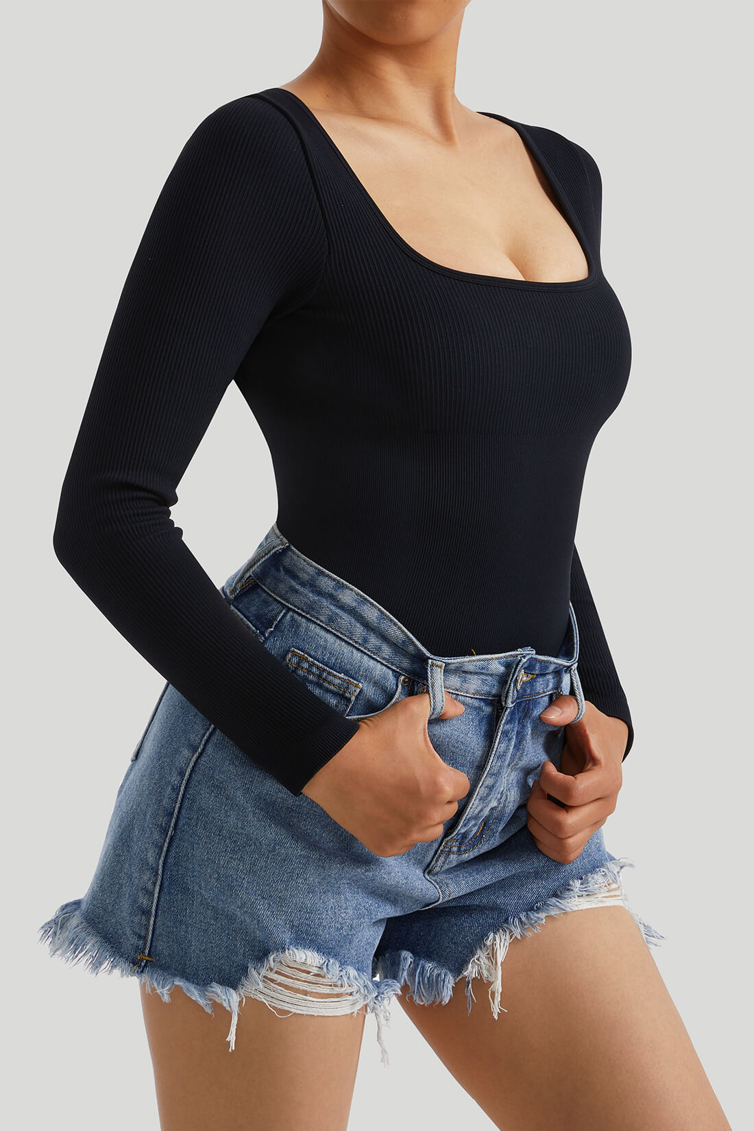 Long Sleeves Openback Tummy Control Strap Bodysuit