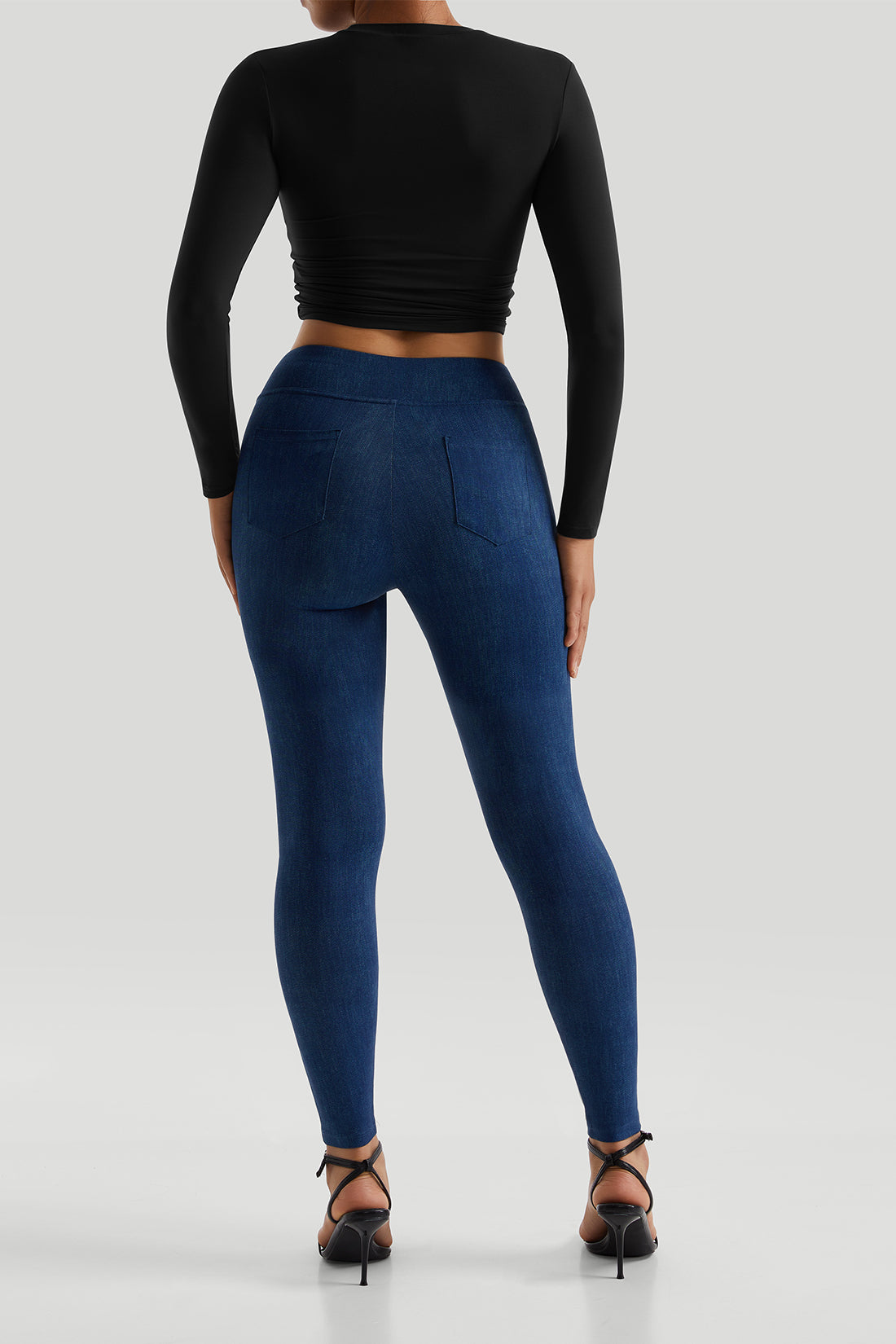 Long Sleeves Stretchy Faux Denim Legging Sets