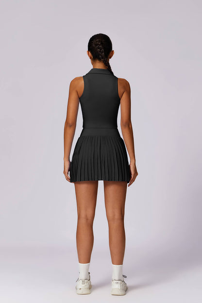 Polo Neck Top 2Pcs Tennis Skirt Set