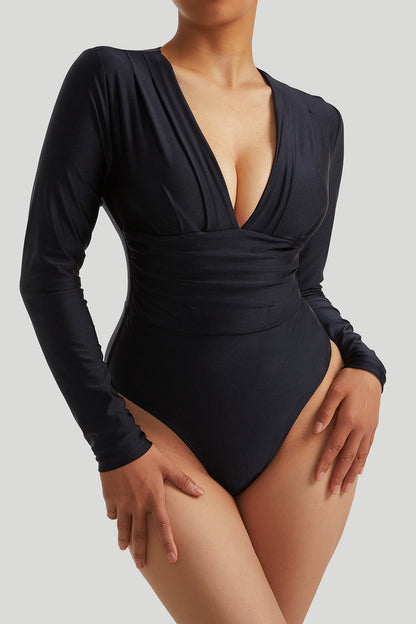 Tummy Control Shiny Fabrics Bodysuit With Built-in Shapewear