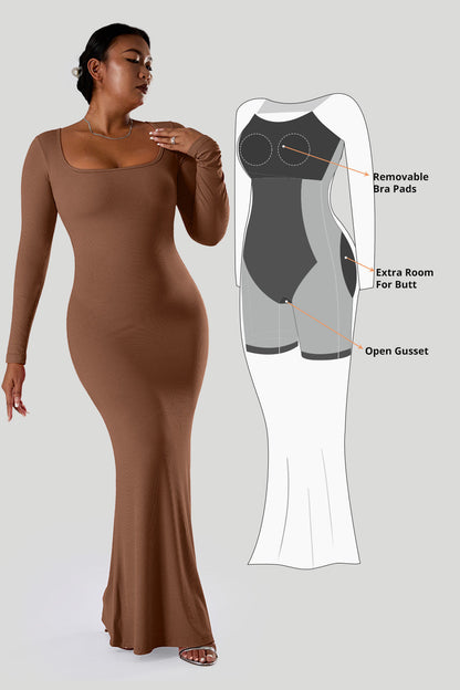 Solid Long Sleeve Dress With Built in Shapewear