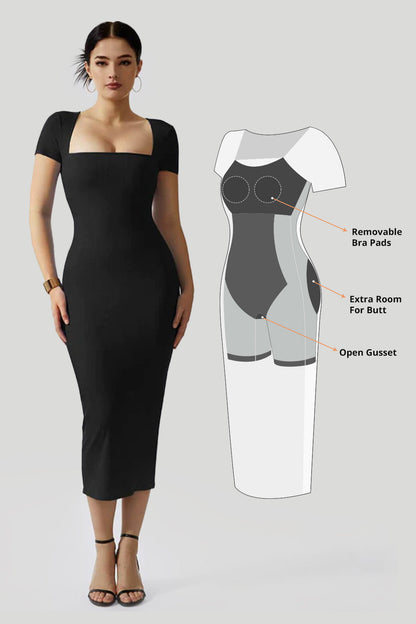 Queen Anne Neckline Dress With Built in Shapewear