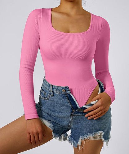 Ribbed Solid Color Tummy Control Long Sleeve Seamless Bodysuit