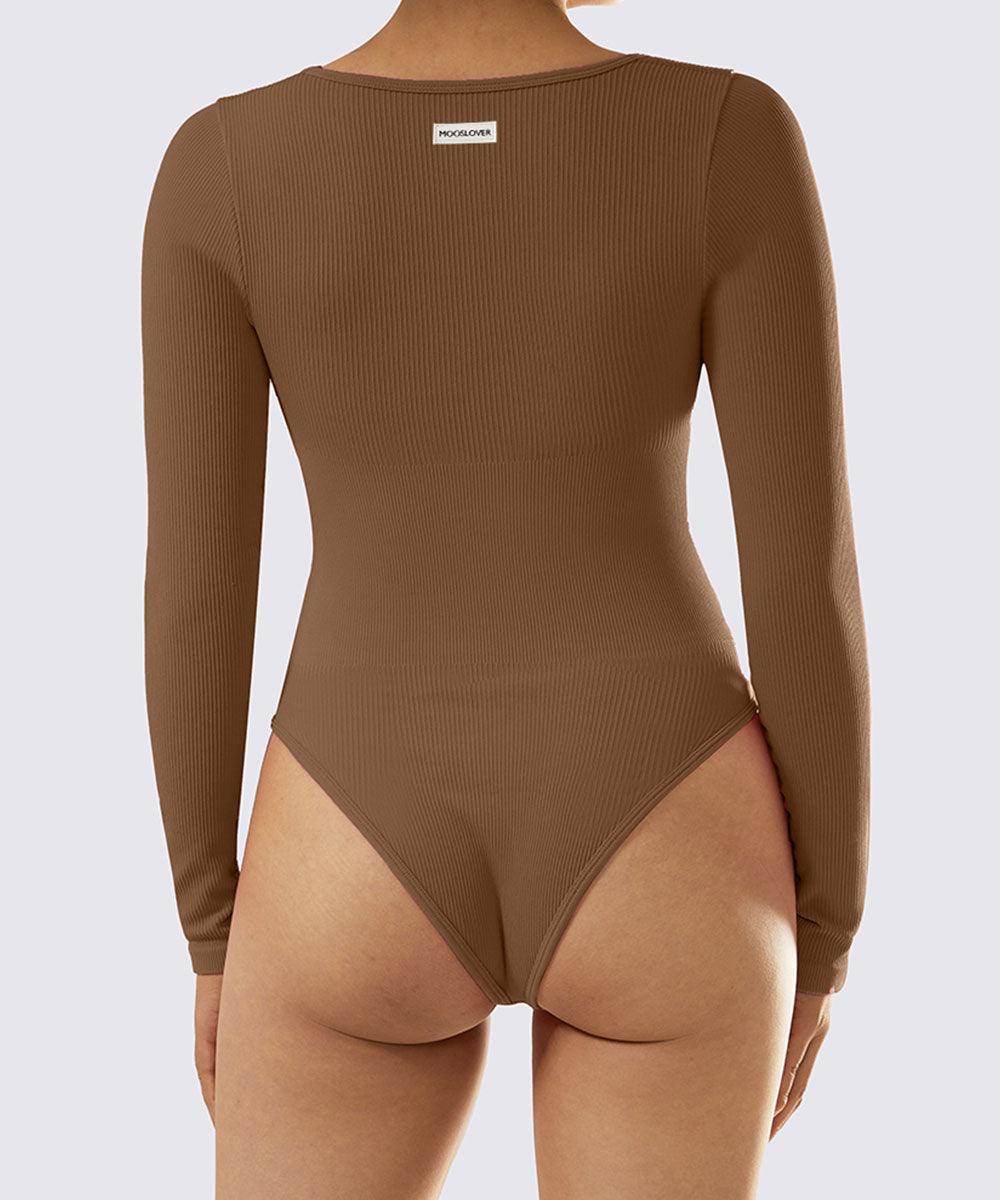 Ribbed Solid Color Tummy Control Long Sleeve Seamless Bodysuit