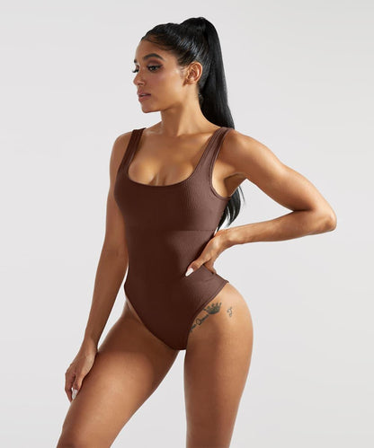 Ribbed Tummy Control Solid Color Sleeveless Seamless Bodysuit