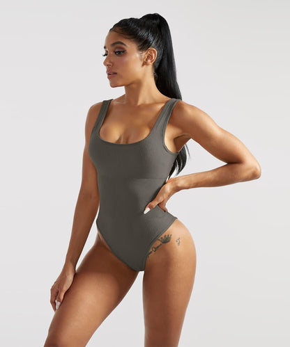 Ribbed Tummy Control Solid Color Sleeveless Seamless Bodysuit