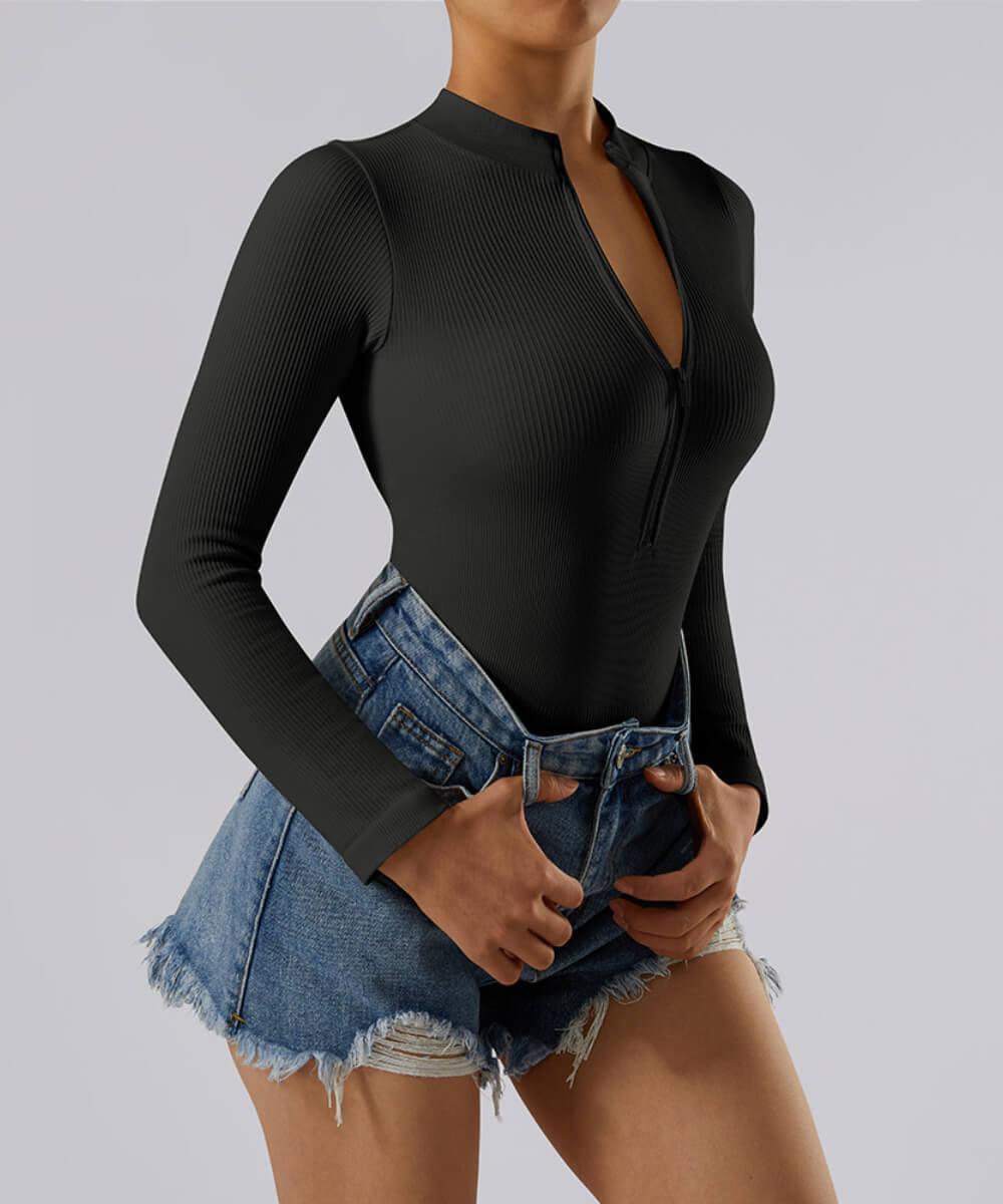 Ribbed Zipper Long Sleeves Bodysuit