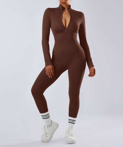 Ribbed Zipper Long Sleeves Jumpsuit