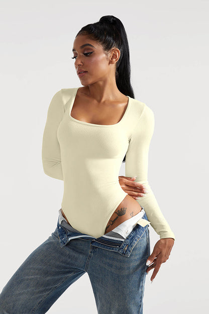 Ribbed Solid Color Tummy Control Long Sleeve Seamless Bodysuit