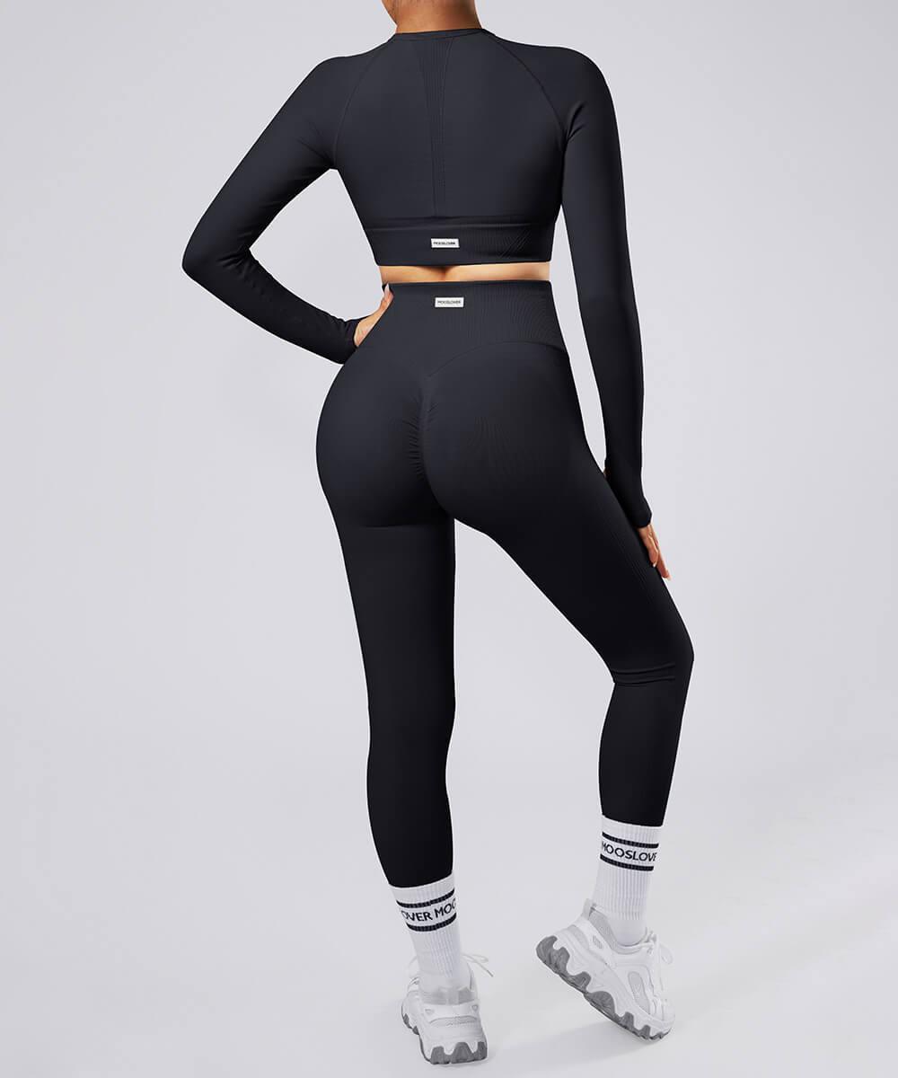 Solid Color Long sleeves 3Pcs Seamless Butt Lift Legging Set