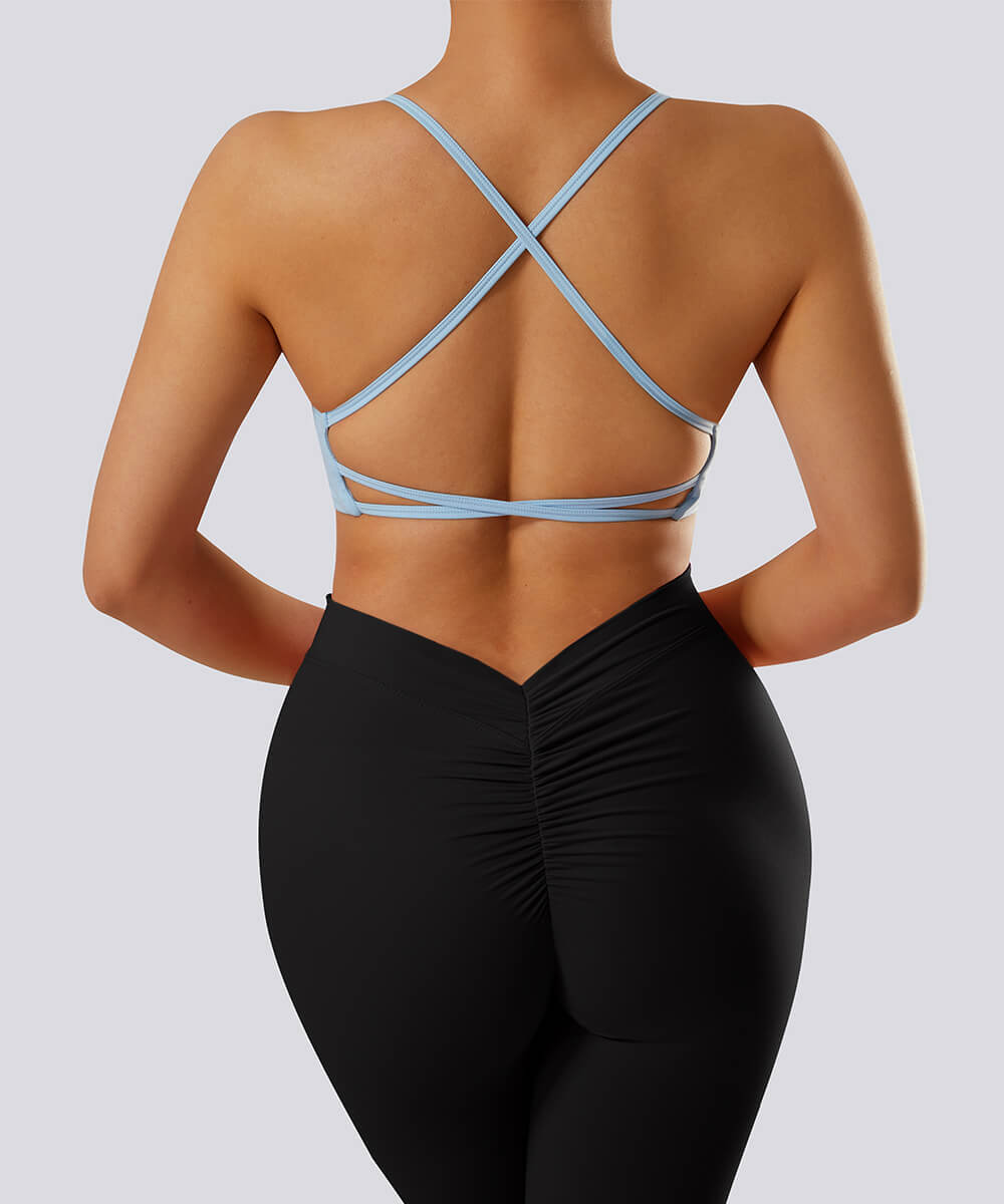 Solid Color Multi Strap Backless Seamed Bra