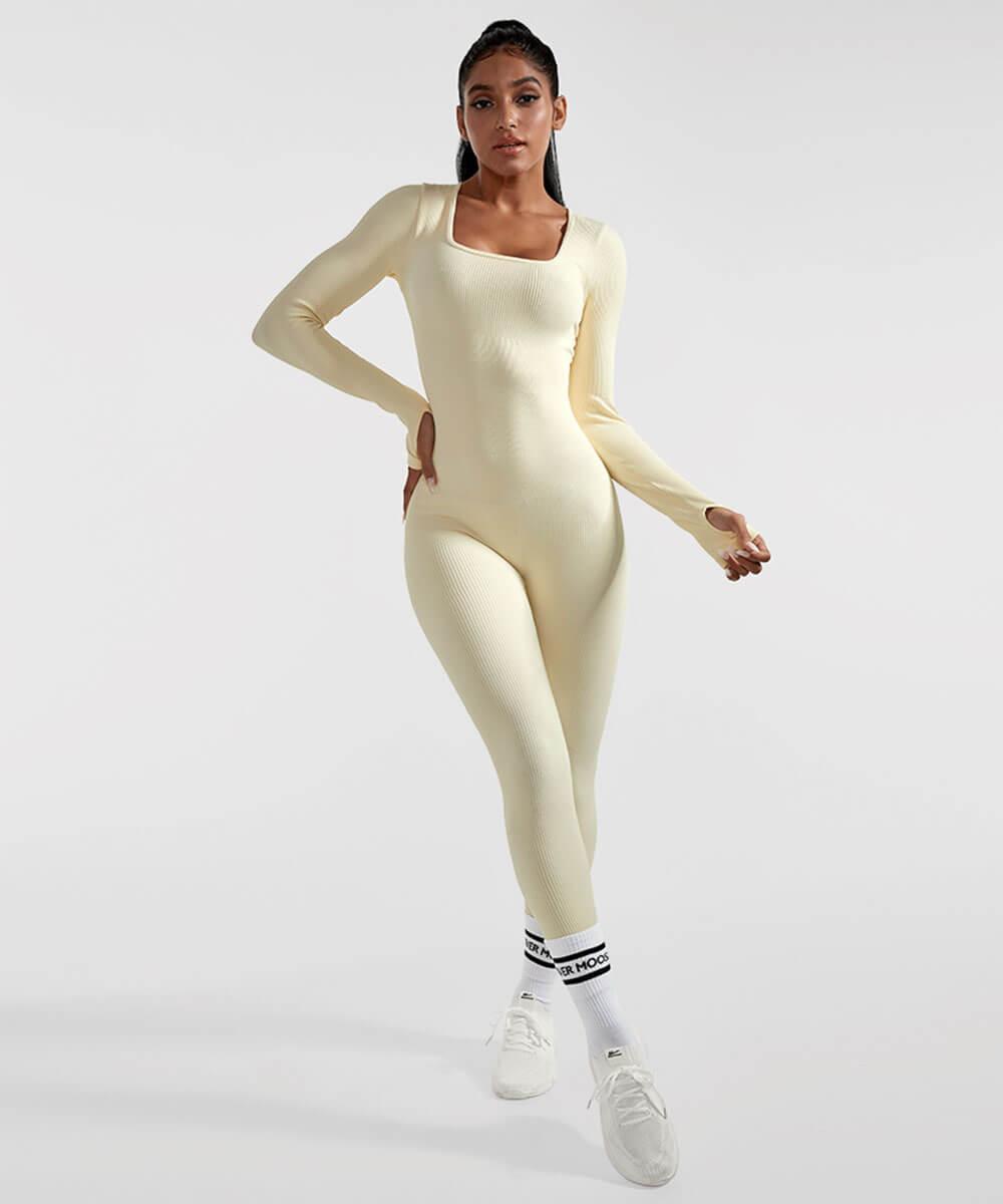 Solid Color Ribbed Long Sleeve Seamless Jumpsuit