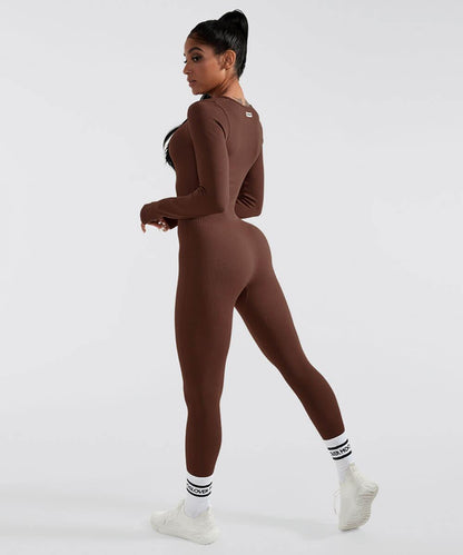 Solid Color Ribbed Long Sleeve Seamless Jumpsuit