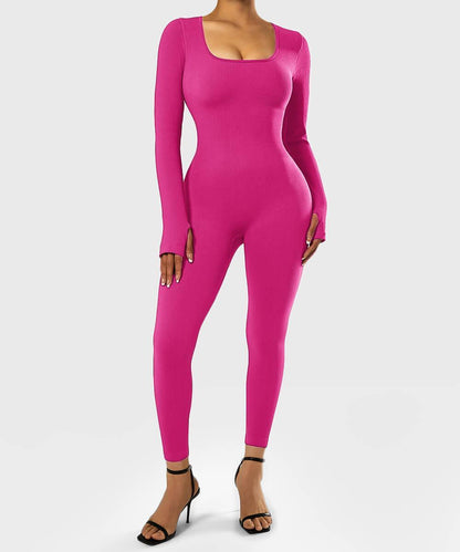 Solid Color Ribbed Long Sleeve Seamless Jumpsuit