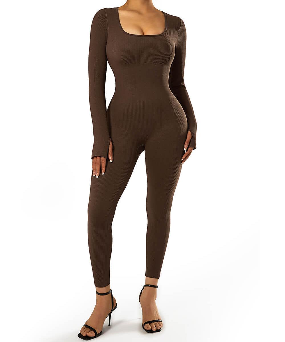 Solid Color Ribbed Long Sleeve Seamless Jumpsuit