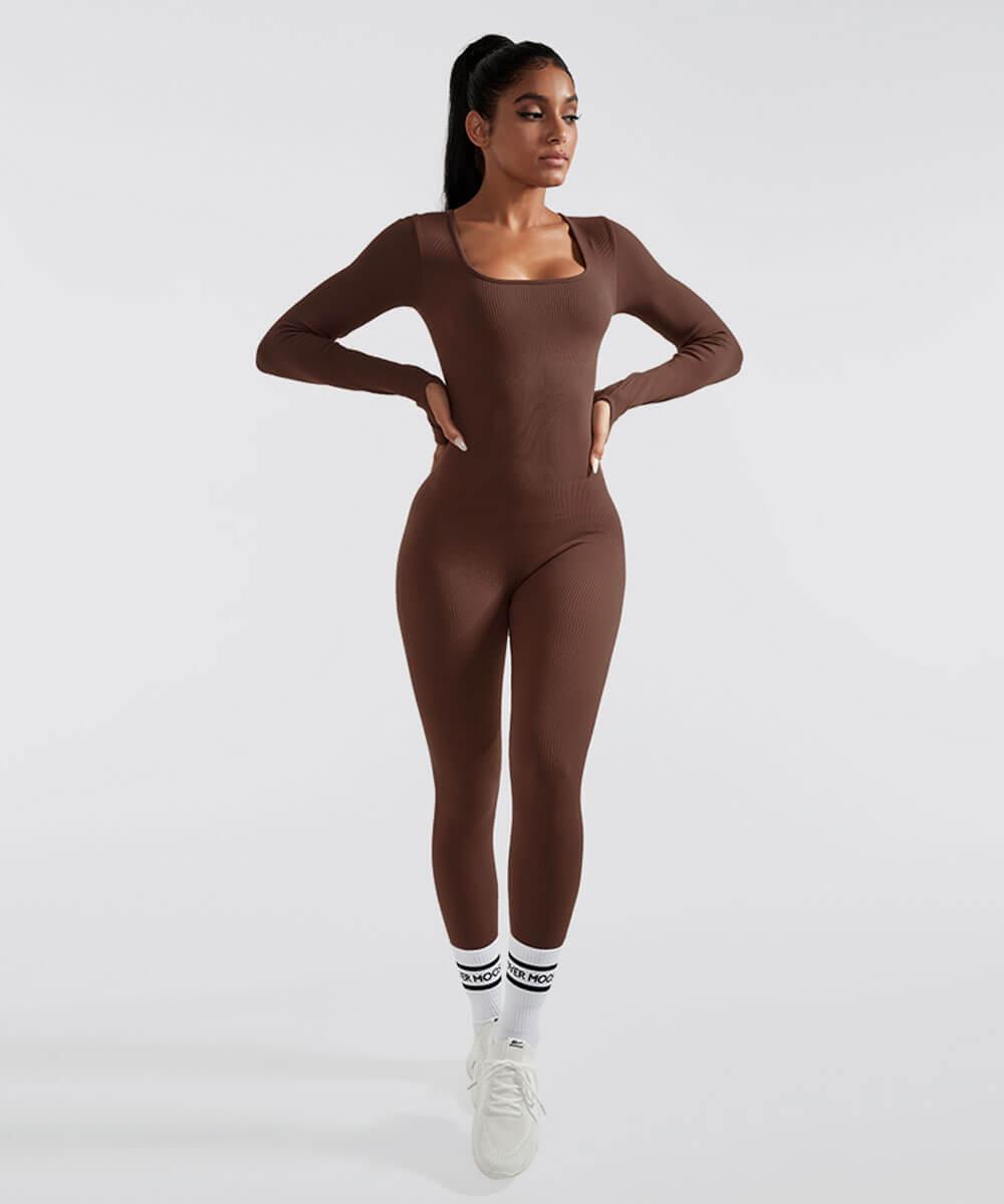 Solid Color Ribbed Long Sleeve Seamless Jumpsuit