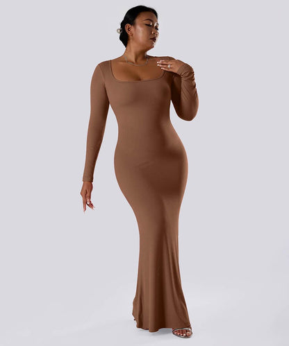 Solid Long Sleeve Dress With Built in Shapewear