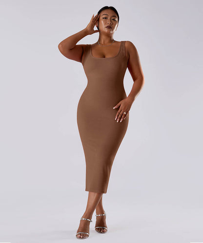 Solid Sleeveless Dress With Built in Shapewear